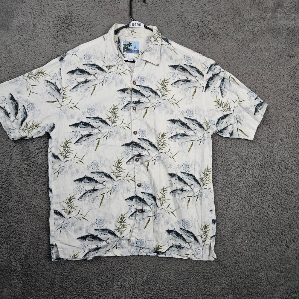 Aftco Bluewater Mens XL‎ Short Sleeve Button Up Shirt Fish Palm Tree Print